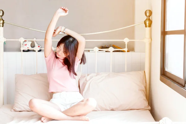 Woman Stretching Bed Wake — Stock Photo, Image