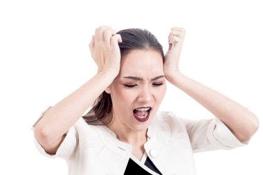 Kadın baş ağrısı ve beyaz arka plan üzerinde izole kafa tutan