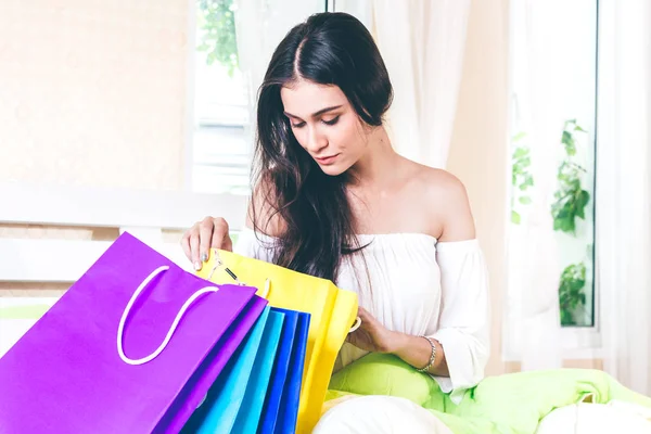 Woman Colourful Paper Shopping Bags Bed — Stock Photo, Image