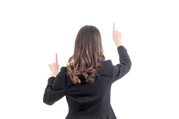 Mulher Negócios Tocando Tela Com Dedo Isolado Branco — Fotografia de Stock