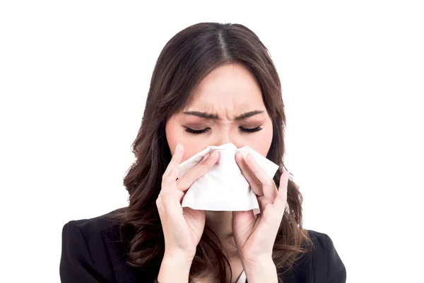 Sick Woman Blowing Her Nose Tissues Isolated White Background — Stock Photo, Image
