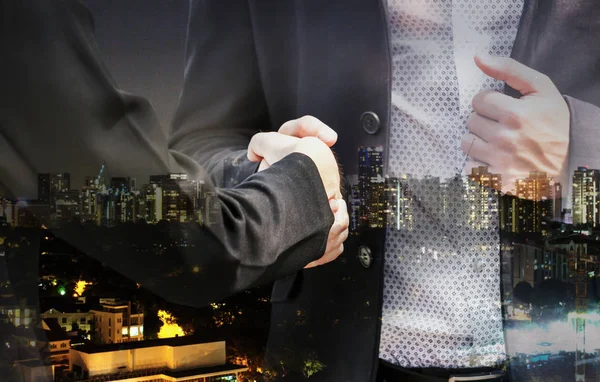 Handshake Business Partners City Background Double Exposure Photo — Stock Photo, Image