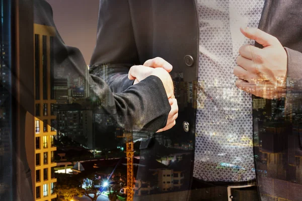 Handshake Business Partners City Background Double Exposure Photo — Stock Photo, Image