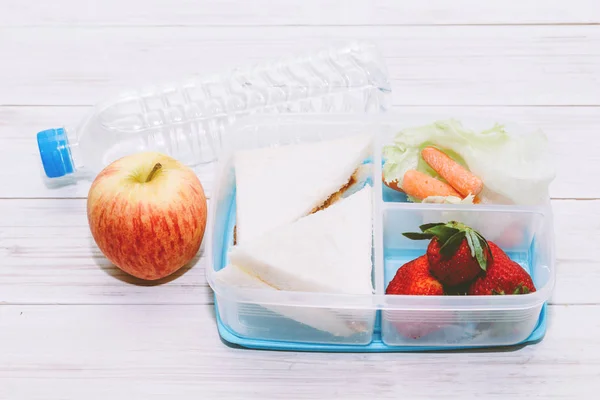 Lunch Box Vegetables Slice Bread Healthy School Lunch Wooden Table — Stock Photo, Image