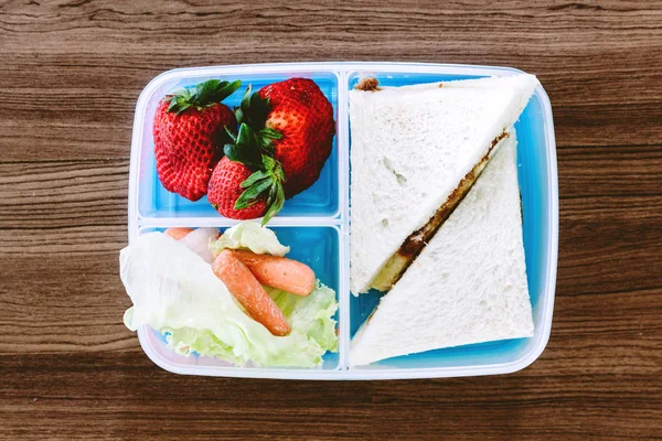 Lunch Box Vegetables Slice Bread Healthy School Lunch Wooden Table — Stock Photo, Image