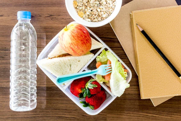 Lunch Box Vegetables Slice Bread Healthy School Lunch Wooden Table — Stock Photo, Image