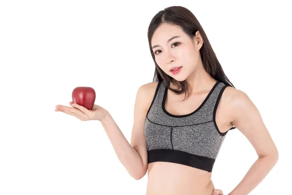 Deporte Mujer Sana Sosteniendo Una Manzana Roja Aislada Sobre Fondo —  Fotos de Stock