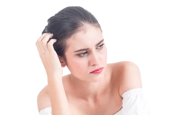 Woman Headache Holding Head Isolated White Background — Stock Photo, Image