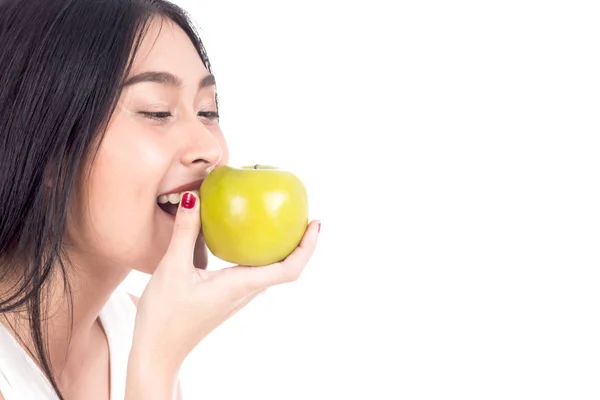 Mulher Bonita Segurando Uma Maçã Isolada Fundo Branco — Fotografia de Stock