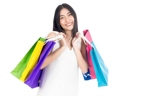 Mulher Asiática Com Sacos Compras Isolados Fundo Branco — Fotografia de Stock