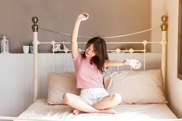 Woman Stretching Bed Wake — Stock Photo, Image