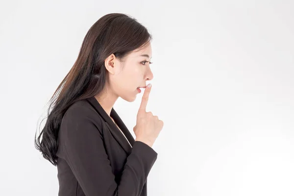 Zakelijke Vrouw Rustige Gebaar Met Vinger Witte Achtergrond — Stockfoto