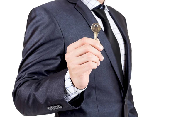 Бізнесмен Тримає Ключі Ізольовані Білому Тлі — стокове фото
