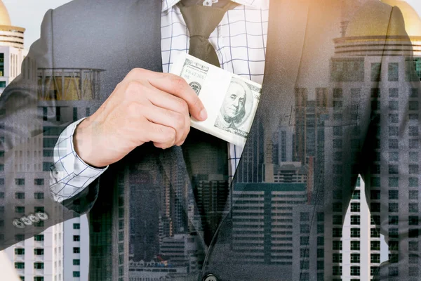 Businessman Putting Dollar Banknotes Pocket — Stock Photo, Image