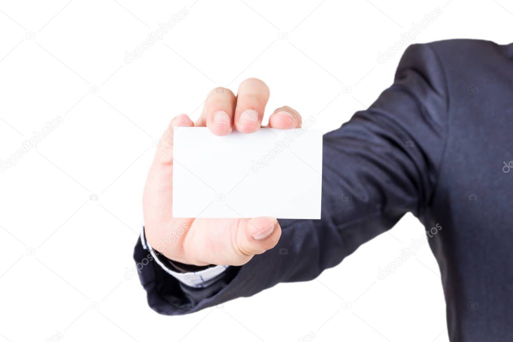 Businessman holding white business card isolated on white background