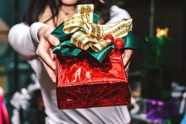 Woman Showing Gift Box Ribbon Hands — Stock Photo, Image
