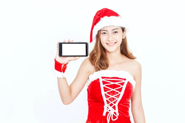 Beyaz Arka Plan Üzerinde Santa Claus Şapka Genç Kadın Noel — Stok fotoğraf