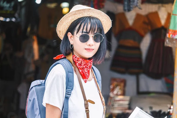 Asian Woman Tourist Travel Walk Street — Stock Photo, Image