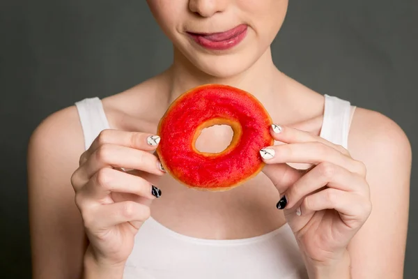 Woman Holding Calorie Bomb Donut Gray Background Junk Food Concept — Stock Photo, Image