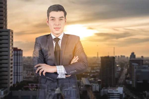 Portrait Businessman Arms Crossed Blur City Background Successful Business Double — Stock Photo, Image