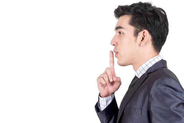 Businessman Quiet Gesture Finger Isolated White Background — Stock Photo, Image
