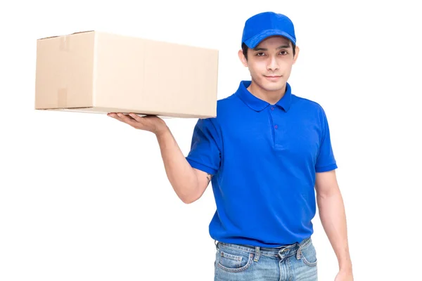 Deliveryman Holding Kartong Isolerad Vit Bakgrund — Stockfoto