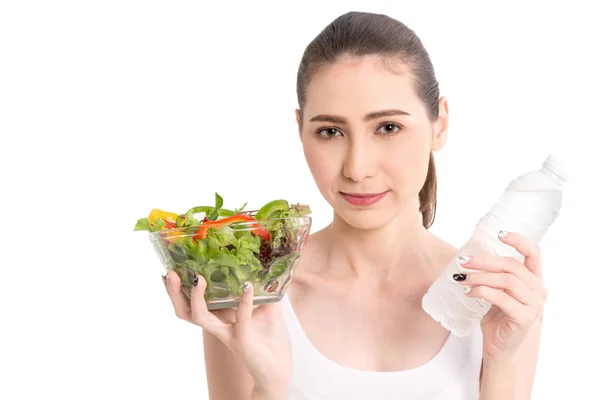 Vrouw Met Verse Fruit Salade Glazen Kom Geïsoleerd Witte Achtergrond — Stockfoto