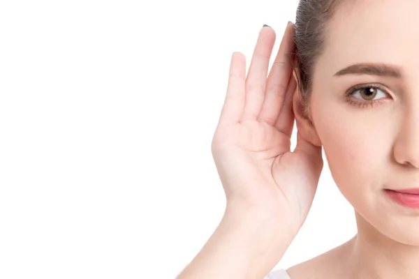 Perempuan Tangan Telinga Mendengarkan Untuk Suara Yang Tenang Terisolasi Pada — Stok Foto