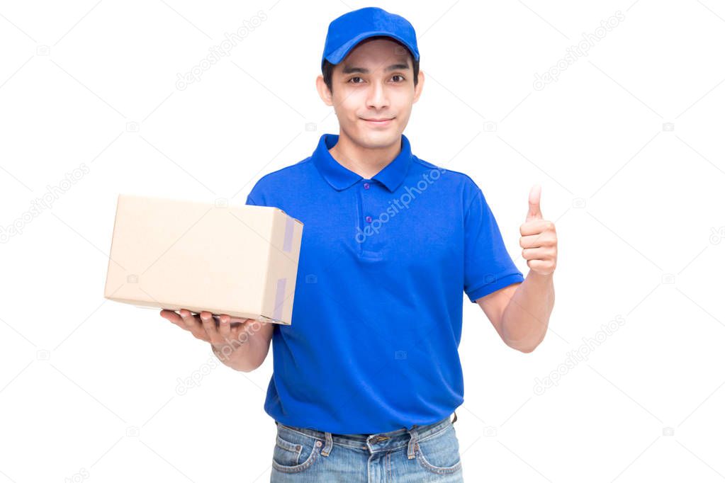 Deliveryman holding cardboard box isolated on white background