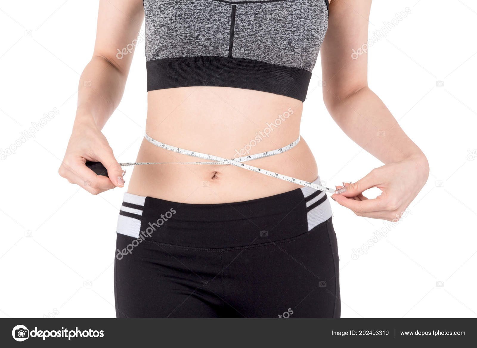 Woman Slim Measuring Her Waist Using Tape Measure Isolated White Stock
