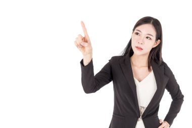 İş kadını beyaz izole parmağını ile ekran dokunaklı