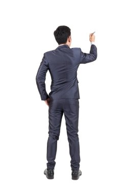 İşadamı siyah elbiseli izole üzerinde beyaz arka plan yazma