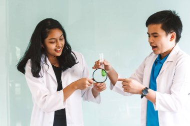 Öğrencilerin çalışma ve kimya dersinde kimyasal testler yapma. Eğitim kavramı