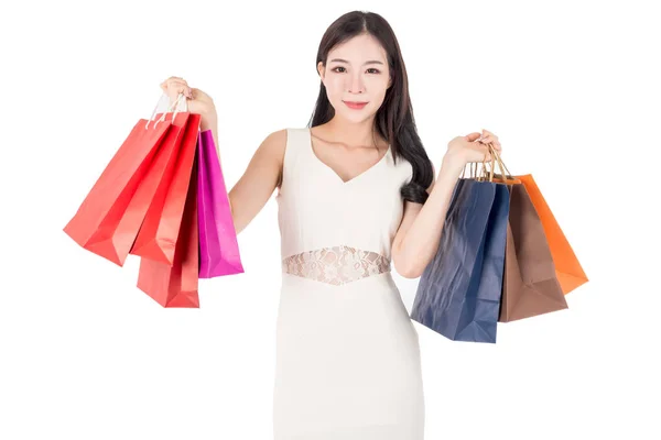 Happy Woman Holding Shopping Bags Isolated White Background — Stock Photo, Image