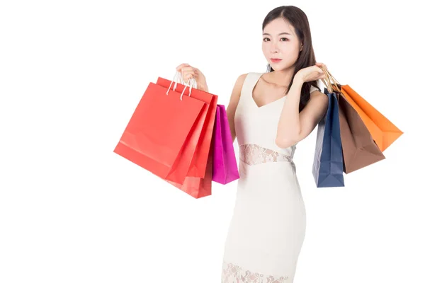 Happy Woman Holding Shopping Bags Isolated White Background — Stock Photo, Image