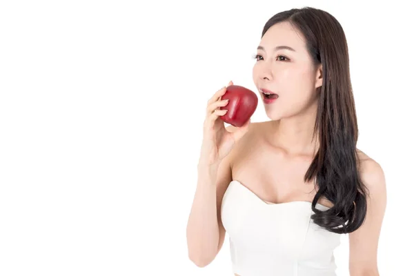 Beautiful Woman Holding Apple Isolated White Background — Stock Photo, Image