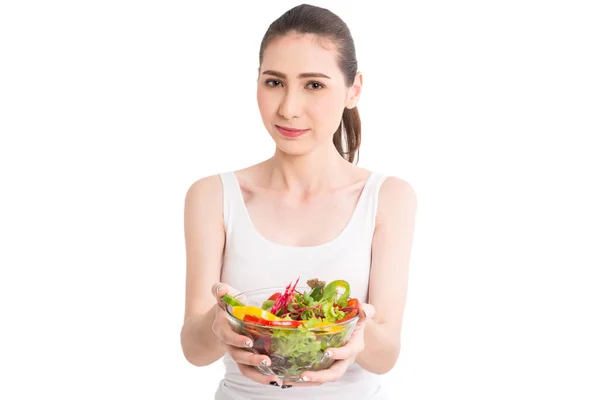 Vrouw Met Verse Fruit Salade Glazen Kom Geïsoleerd Witte Achtergrond — Stockfoto