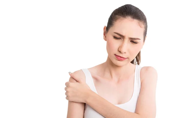 Mujer Con Dolor Brazo Lesión Aislada Sobre Fondo Blanco —  Fotos de Stock