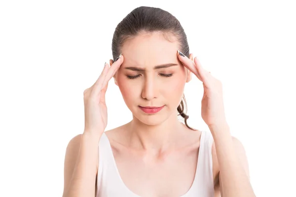 Woman Headache Holding Head Isolated White Background — Stock Photo, Image