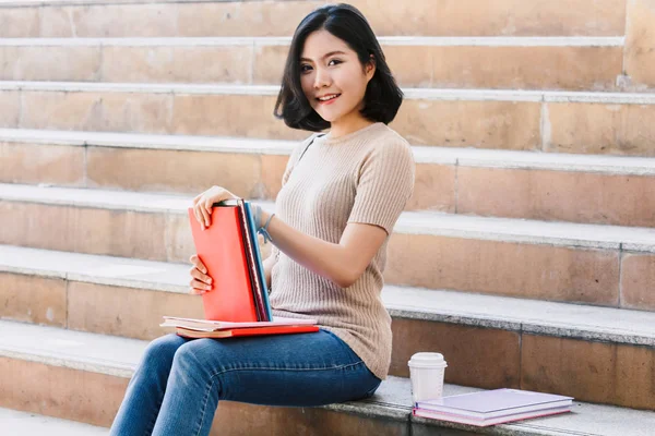 Young Woman Teenager Students Books Sit Stair — Stock Photo, Image