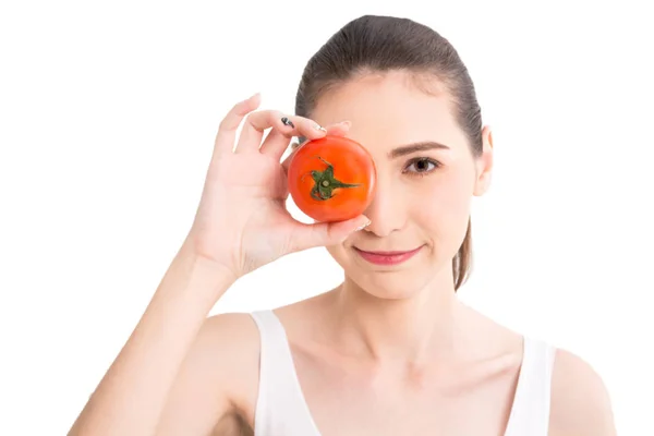 Beautiful Woman Holding Red Tomato Isolated White Background — Stock Photo, Image
