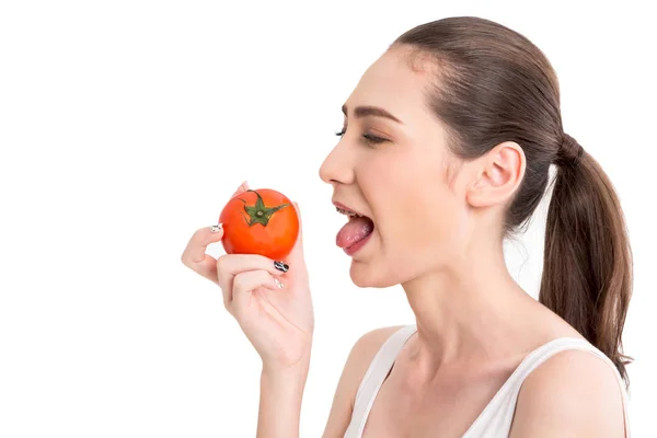 Beautiful Woman Holding Red Tomato Isolated White Background — Stock Photo, Image