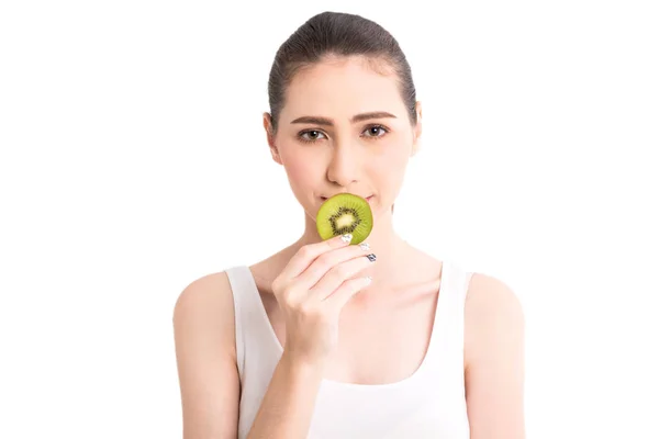 Beautiful Woman Holding Kiwi Slice Isolated White Background — Stock Photo, Image