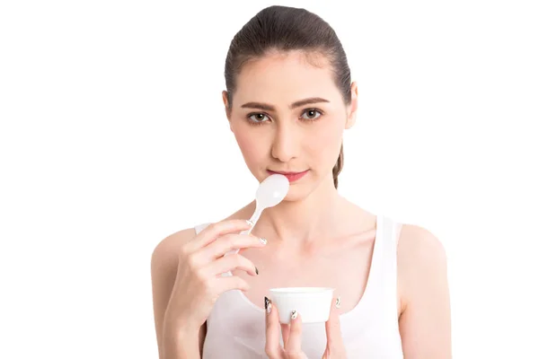 Young Woman Eating Yogurt Isolated White Background — Stock Photo, Image