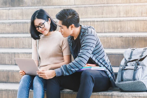 Two Teenager Students Doing Homework Books Laptop Sit Stair University — Stock Photo, Image