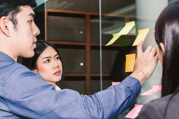 Businessman Point Sticky Notes Glass Window — Stock Photo, Image