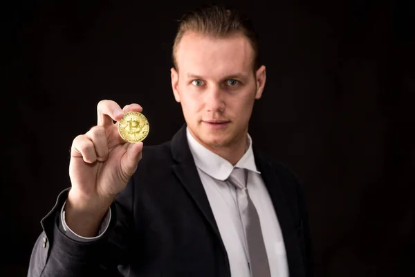 Businessman Holding Bitcoin Black Background — Stock Photo, Image