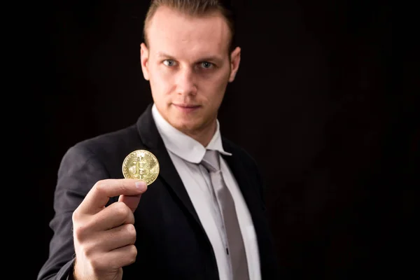 Businessman Holding Bitcoin Black Background — Stock Photo, Image