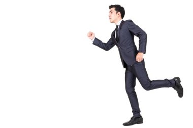 İleri izole üzerinde beyaz arka çalışan iş adamı