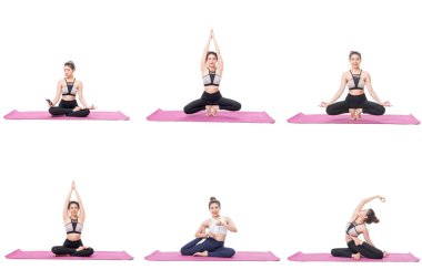 Kolaj kadın pratik yoga izole üzerinde beyaz arka plan belirleme
